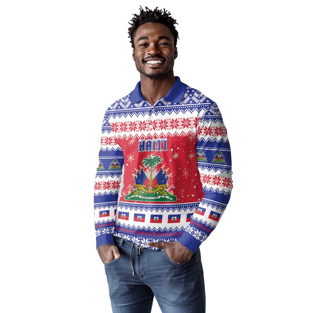 Afro Haiti Christmas Long Sleeve Polo Shirt Coat Of Arms Jwaye Nwel - African Pride