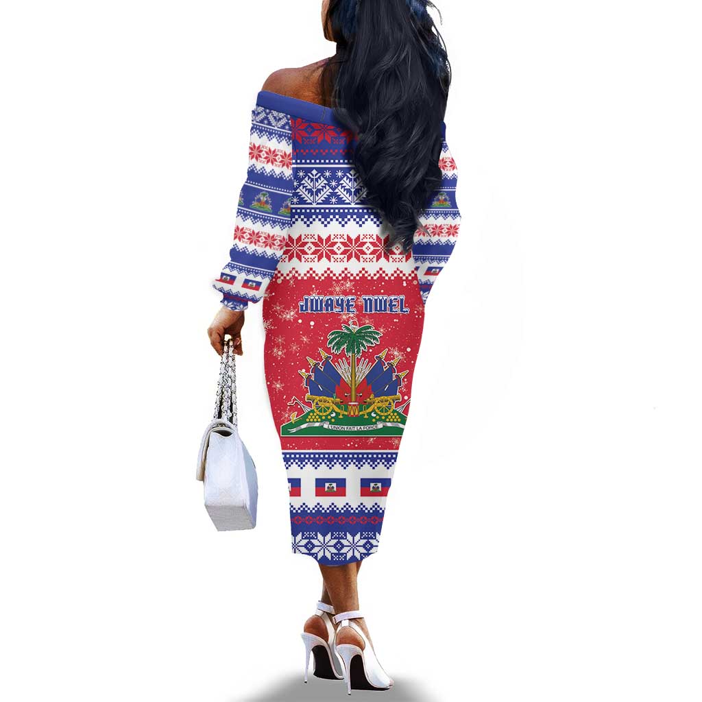 Afro Haiti Christmas Off The Shoulder Long Sleeve Dress Coat Of Arms Jwaye Nwel - African Pride