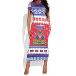 Afro Haiti Christmas Short Sleeve Bodycon Dress Coat Of Arms Jwaye Nwel - African Pride