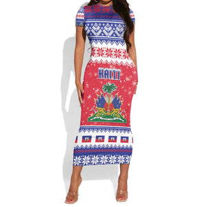 Afro Haiti Christmas Short Sleeve Bodycon Dress Coat Of Arms Jwaye Nwel - African Pride