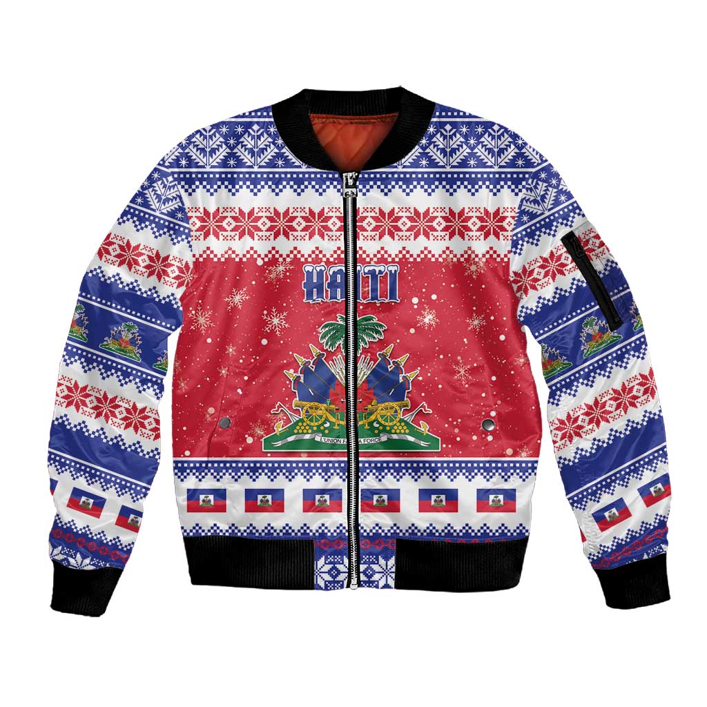 Afro Haiti Christmas Sleeve Zip Bomber Jacket Coat Of Arms Jwaye Nwel - African Pride