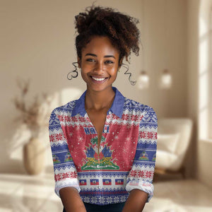 Afro Haiti Christmas Women Casual Shirt Coat Of Arms Jwaye Nwel - African Pride