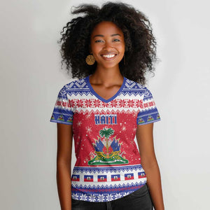 Afro Haiti Christmas Women V-Neck T-Shirt Coat Of Arms Jwaye Nwel - African Pride