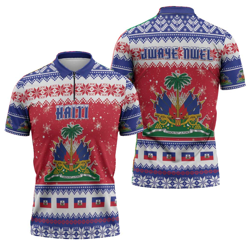 Afro Haiti Christmas Zipper Polo Shirt Coat Of Arms Jwaye Nwel