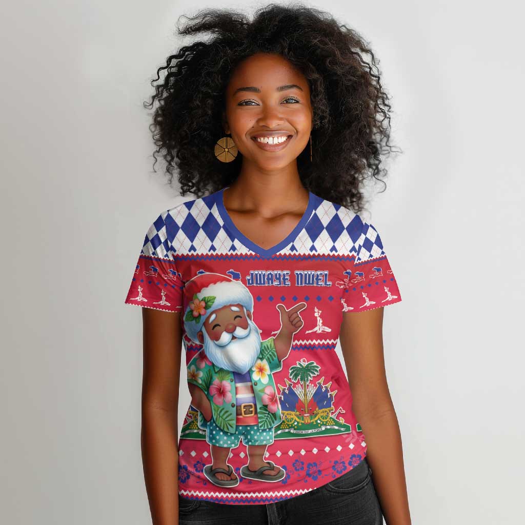 Afro Haiti Christmas Women V-Neck T-Shirt Haitian Santa Jwaye Nwel - African Pride