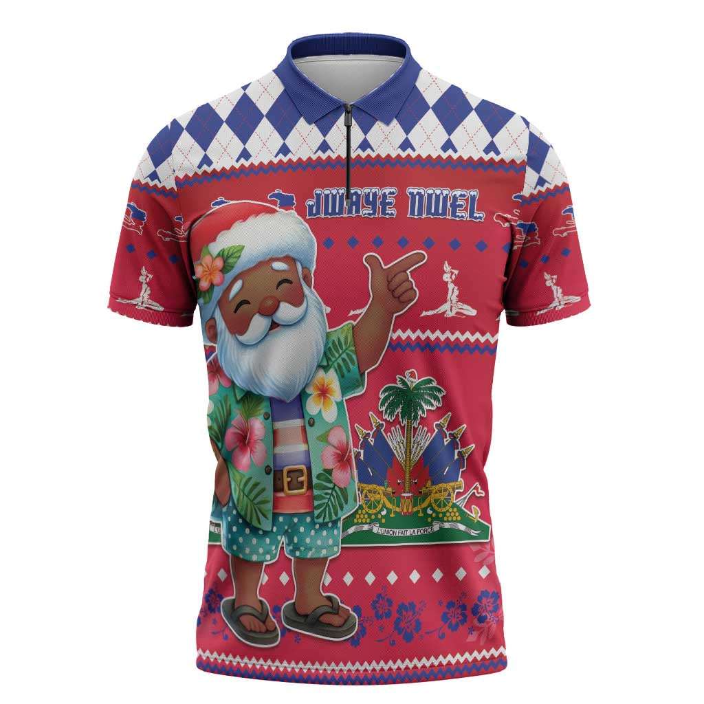 Afro Haiti Christmas Zipper Polo Shirt Haitian Santa Jwaye Nwel