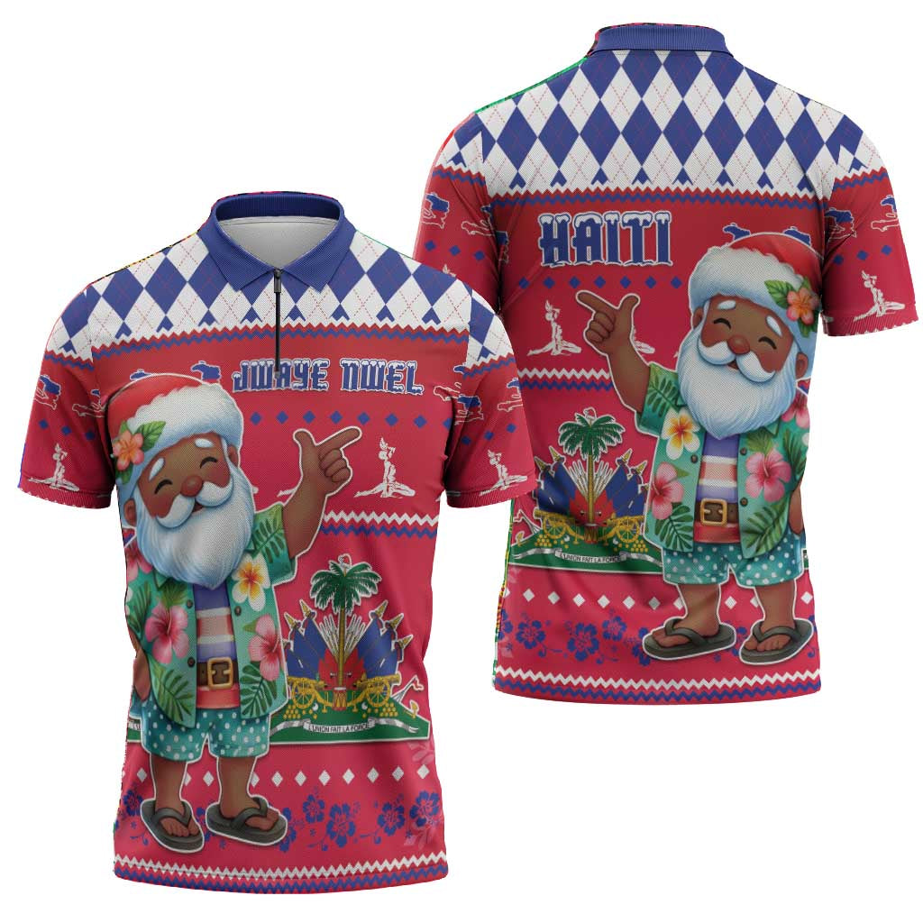 Afro Haiti Christmas Zipper Polo Shirt Haitian Santa Jwaye Nwel