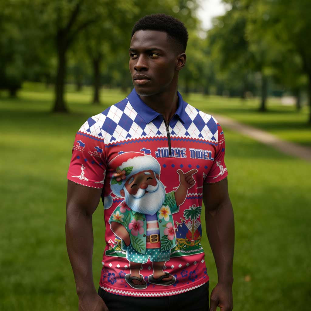 Afro Haiti Christmas Zipper Polo Shirt Haitian Santa Jwaye Nwel