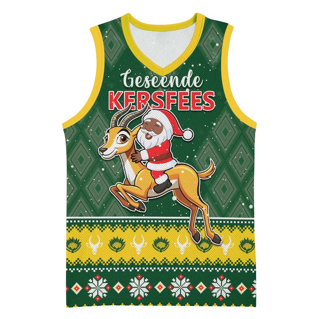 South Africa Christmas Basketball Jersey Funny Santa Riding Springbok - African Pride
