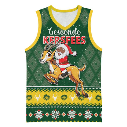 South Africa Christmas Basketball Jersey Funny Santa Riding Springbok - African Pride