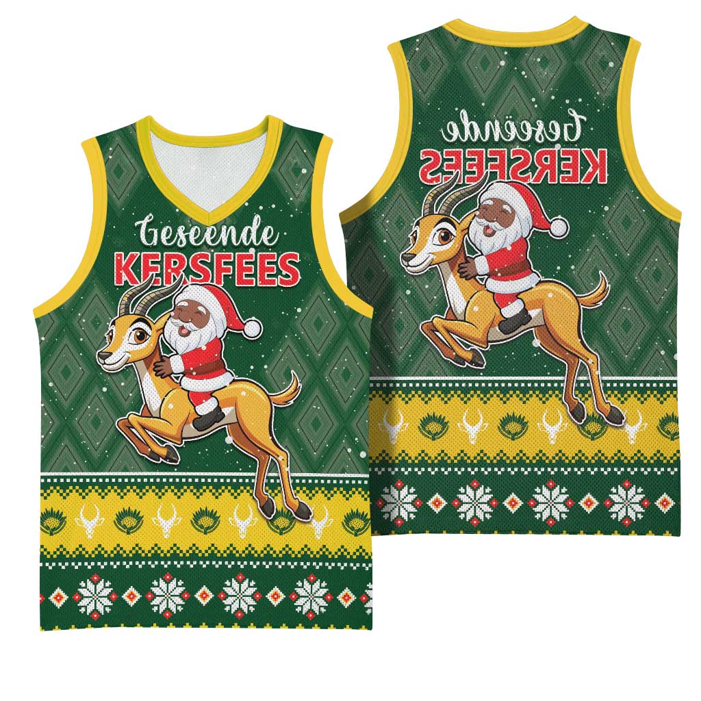 South Africa Christmas Basketball Jersey Funny Santa Riding Springbok - African Pride