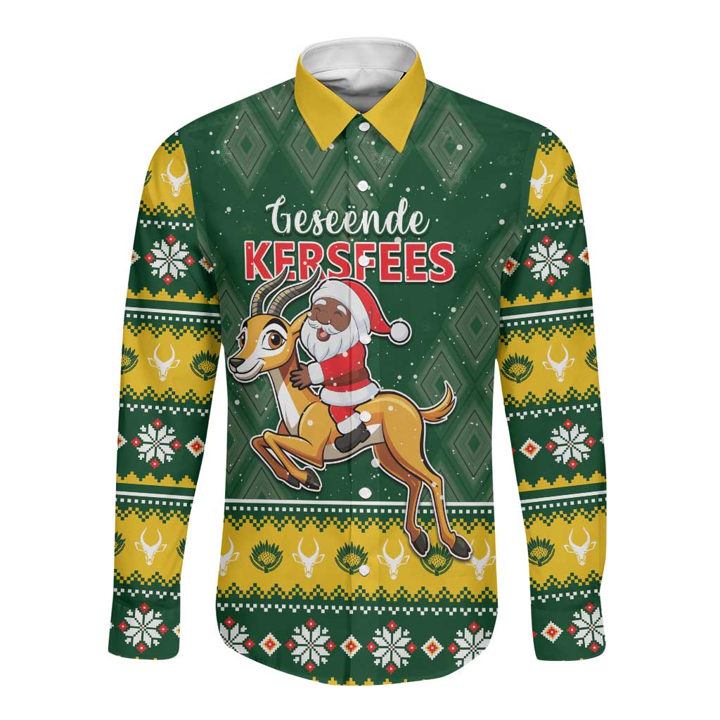South Africa Christmas Long Sleeve Button Shirt Funny Santa Riding Springbok LT05