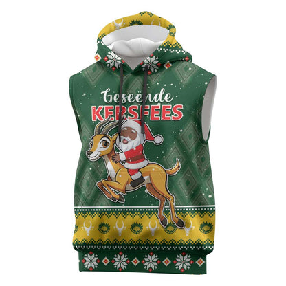 South Africa Christmas Sleeveless Hoodie Funny Santa Riding Springbok - African Pride