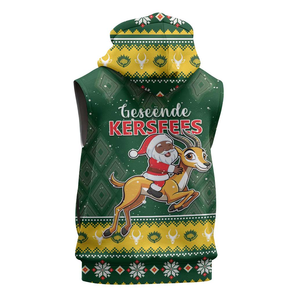 South Africa Christmas Sleeveless Hoodie Funny Santa Riding Springbok - African Pride