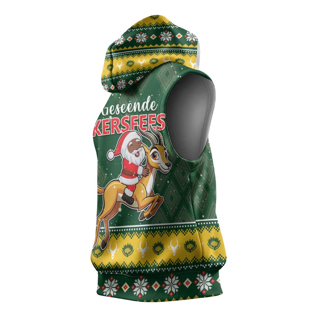 South Africa Christmas Sleeveless Hoodie Funny Santa Riding Springbok - African Pride