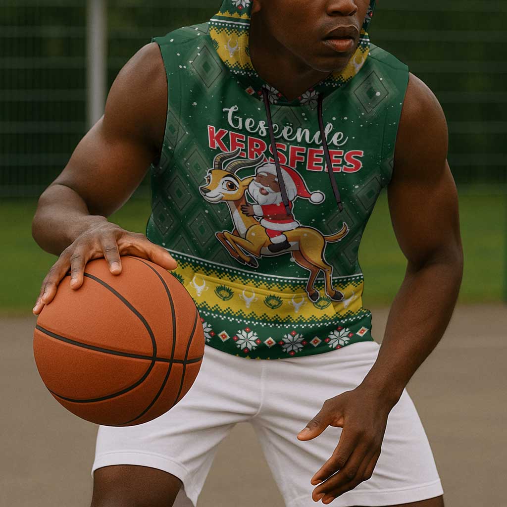 South Africa Christmas Sleeveless Hoodie Funny Santa Riding Springbok - African Pride