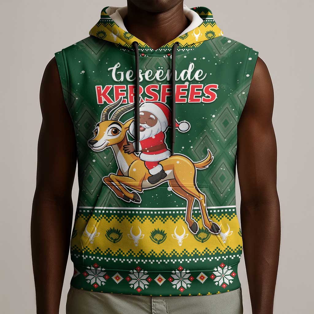 South Africa Christmas Sleeveless Hoodie Funny Santa Riding Springbok - African Pride