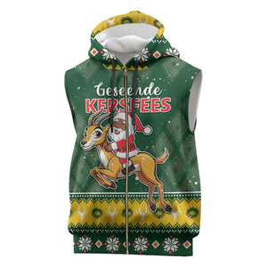 South Africa Christmas Sleeveless Zip Hoodie Funny Santa Riding Springbok - African Pride