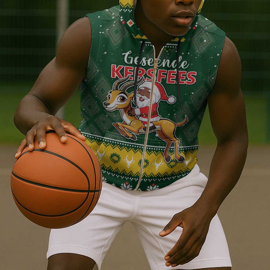 South Africa Christmas Sleeveless Zip Hoodie Funny Santa Riding Springbok - African Pride