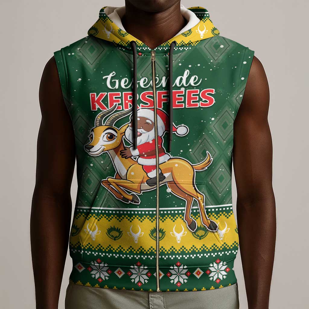 South Africa Christmas Sleeveless Zip Hoodie Funny Santa Riding Springbok - African Pride