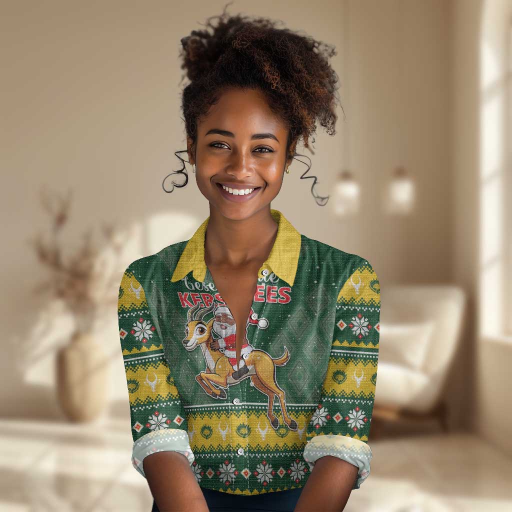 South Africa Christmas Women Casual Shirt Funny Santa Riding Springbok LT05