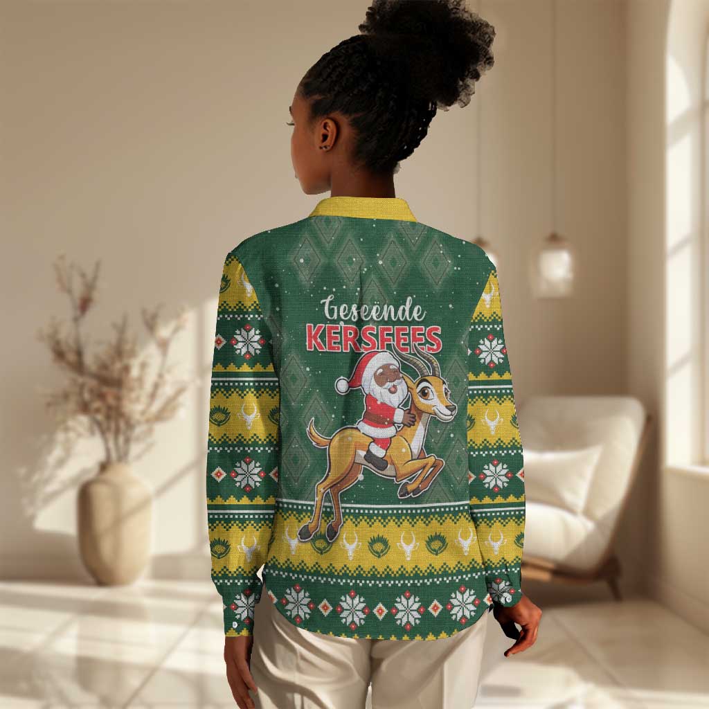 South Africa Christmas Women Casual Shirt Funny Santa Riding Springbok LT05