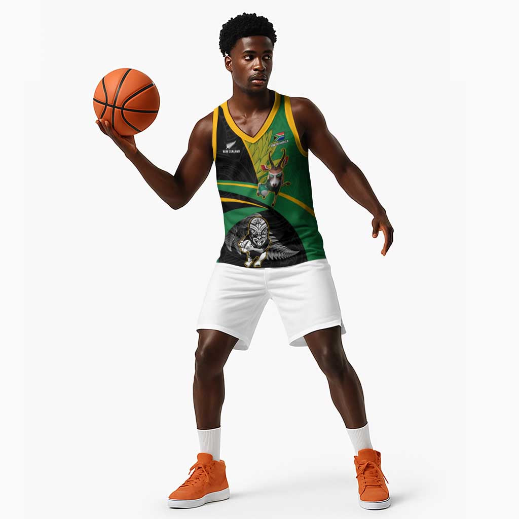 Custom New Zealand And South Africa Rugby Basketball Jersey 2023 Springboks Combine All Black Silver Fern - African Pride