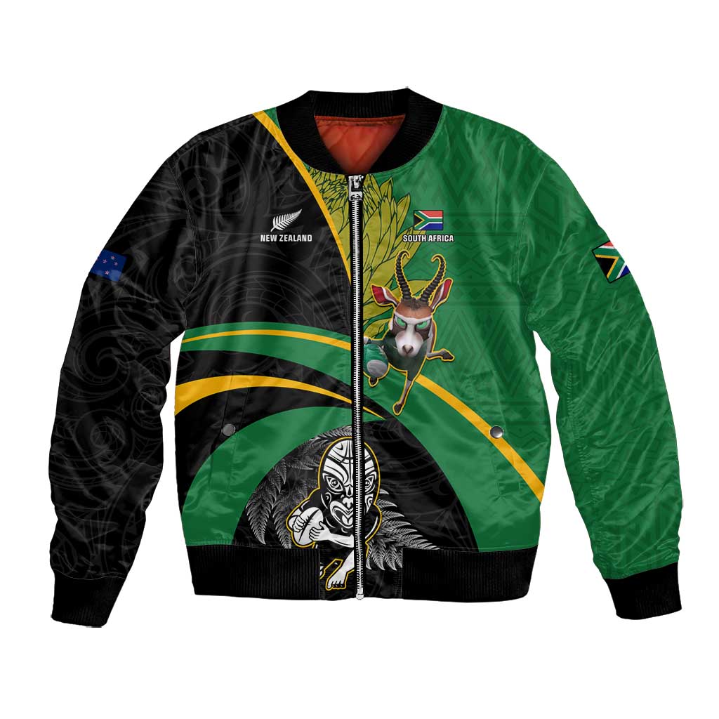 Custom New Zealand And South Africa Rugby Bomber Jacket 2023 Springboks Combine All Black Silver Fern
