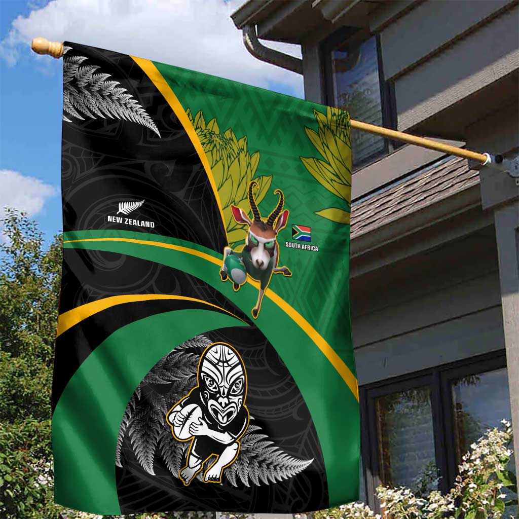 New Zealand And South Africa Rugby Garden Flag 2023 Springboks Combine All Black Silver Fern