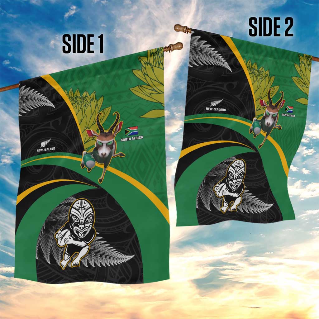 New Zealand And South Africa Rugby Garden Flag 2023 Springboks Combine All Black Silver Fern