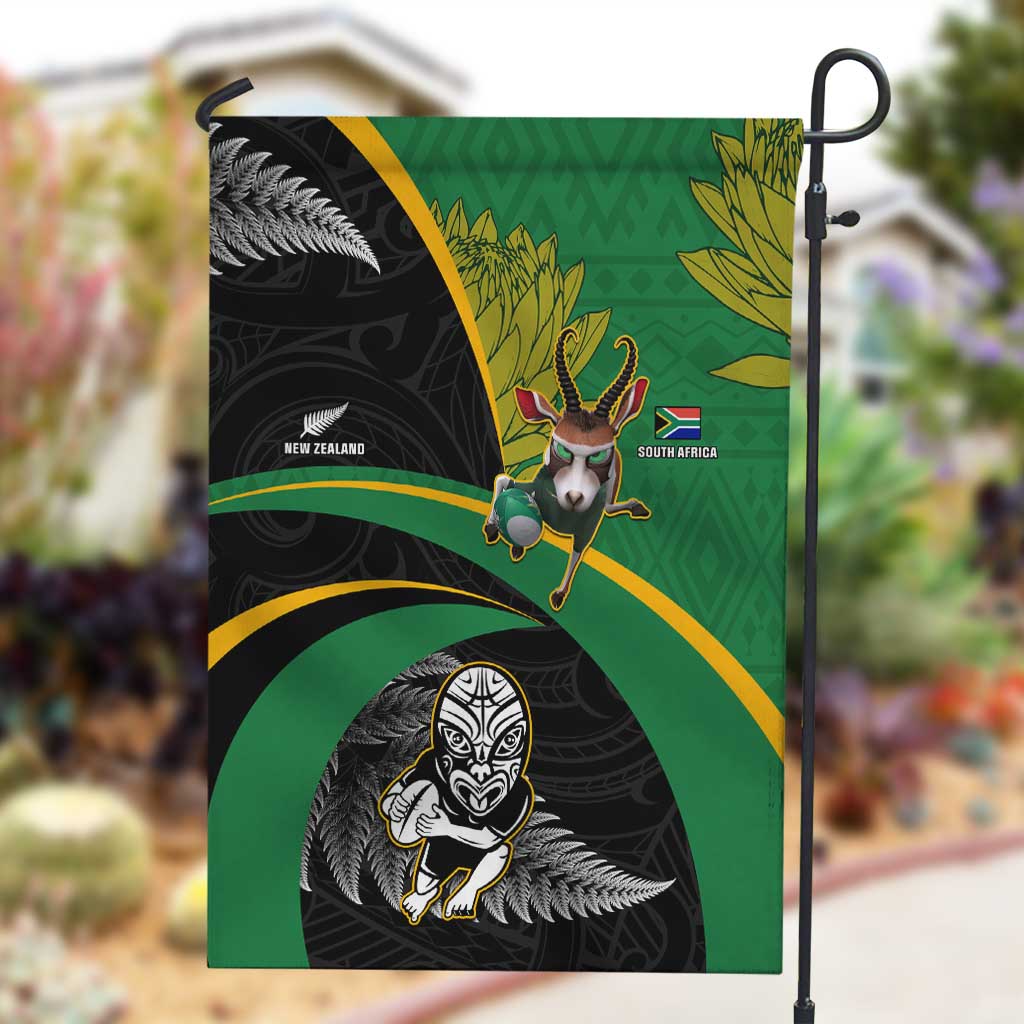 New Zealand And South Africa Rugby Garden Flag 2023 Springboks Combine All Black Silver Fern