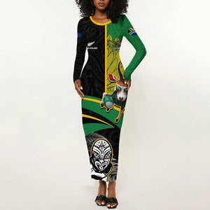 Custom New Zealand And South Africa Rugby Long Sleeve Bodycon Dress 2023 Springboks Combine All Black Silver Fern LT05