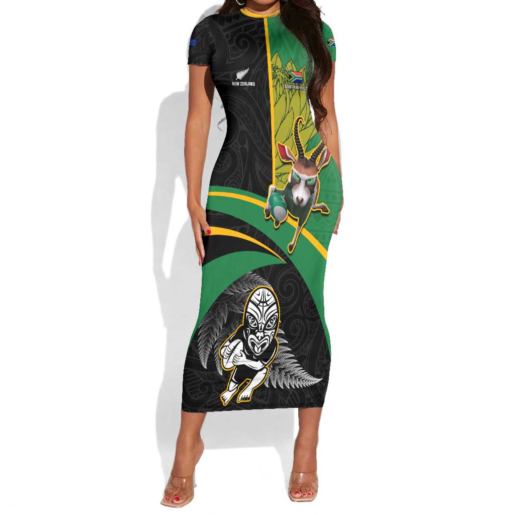 Custom New Zealand And South Africa Rugby Short Sleeve Bodycon Dress 2023 Springboks Combine All Black Silver Fern LT05