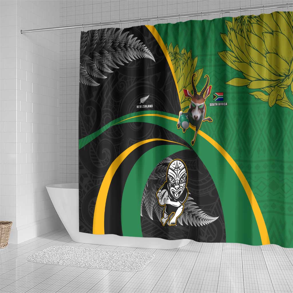 New Zealand And South Africa Rugby Shower Curtain 2023 Springboks Combine All Black Silver Fern