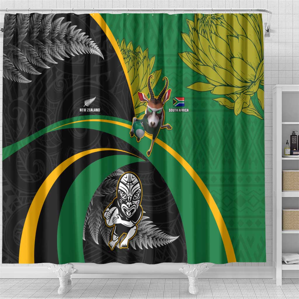 New Zealand And South Africa Rugby Shower Curtain 2023 Springboks Combine All Black Silver Fern