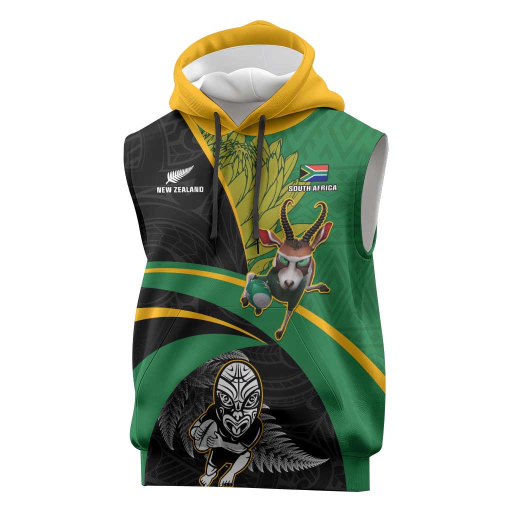 Custom New Zealand And South Africa Rugby Sleeveless Hoodie 2023 Springboks Combine All Black Silver Fern - African Pride