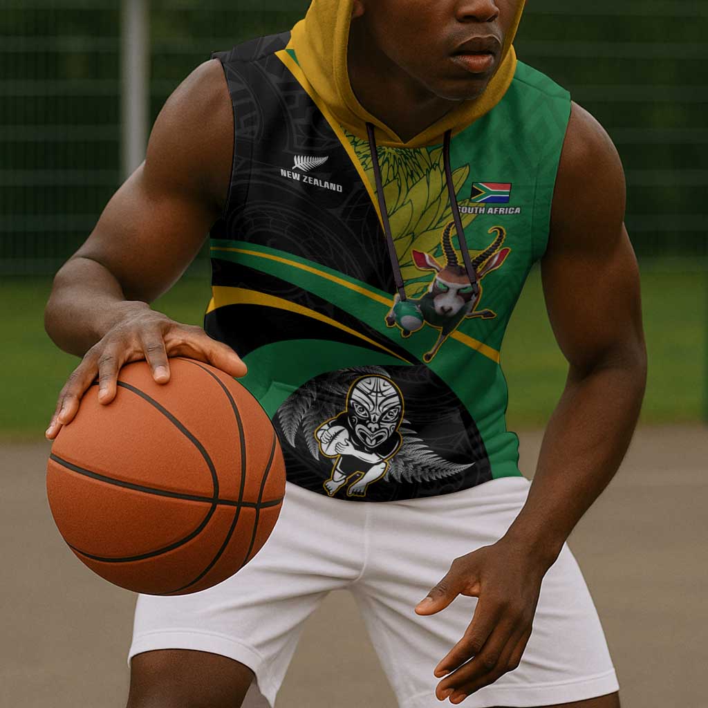 Custom New Zealand And South Africa Rugby Sleeveless Hoodie 2023 Springboks Combine All Black Silver Fern - African Pride