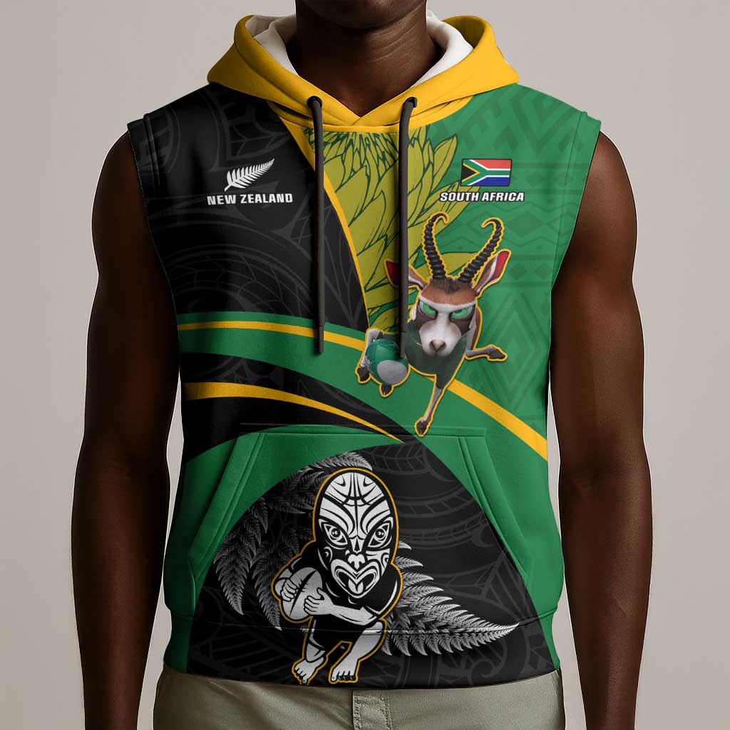 Custom New Zealand And South Africa Rugby Sleeveless Hoodie 2023 Springboks Combine All Black Silver Fern - African Pride