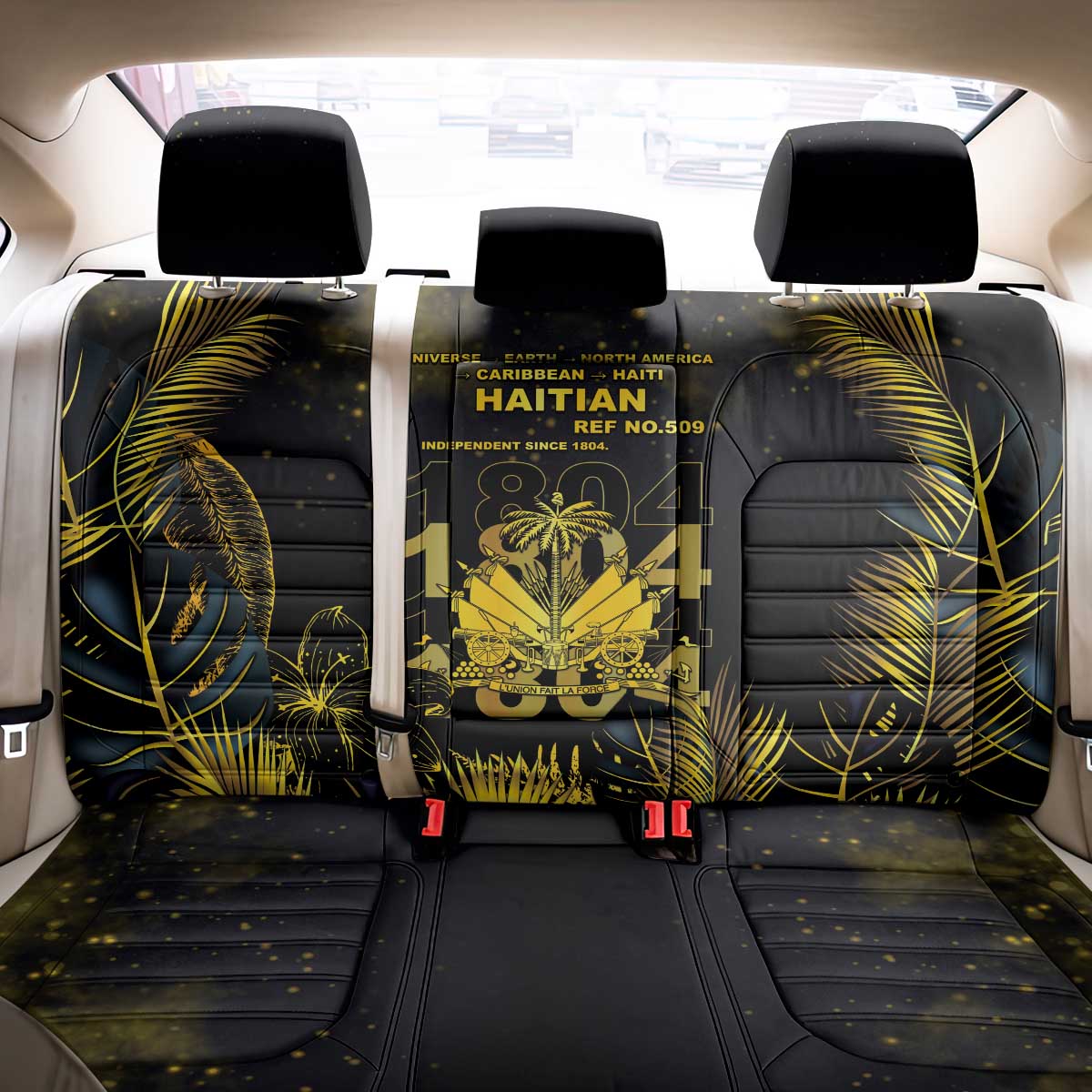 Haiti 1804 Back Car Seat Cover Gold Tropical Leaves And Coat Of Arms - African Pride