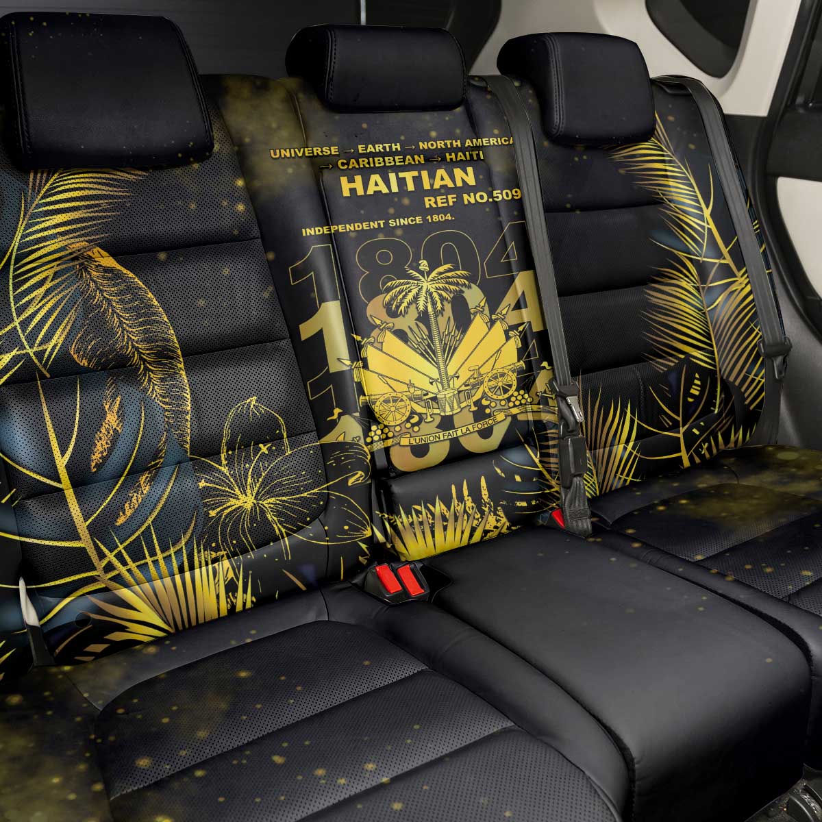 Haiti 1804 Back Car Seat Cover Gold Tropical Leaves And Coat Of Arms - African Pride
