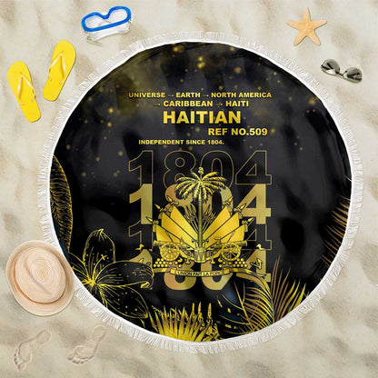 Haiti 1804 Beach Blanket Gold Tropical Leaves And Coat Of Arms - African Pride