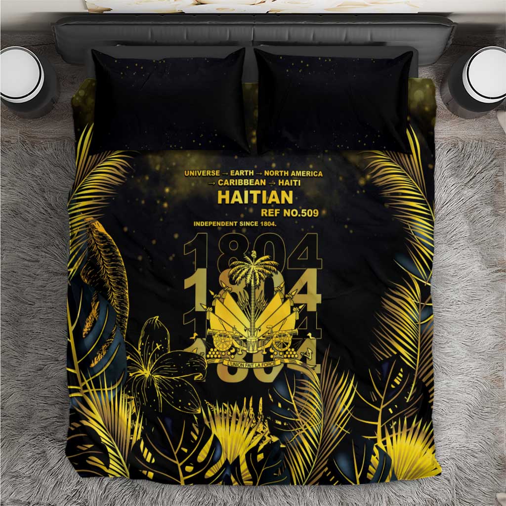 Haiti 1804 Bedding Set Gold Tropical Leaves And Coat Of Arms - African Pride