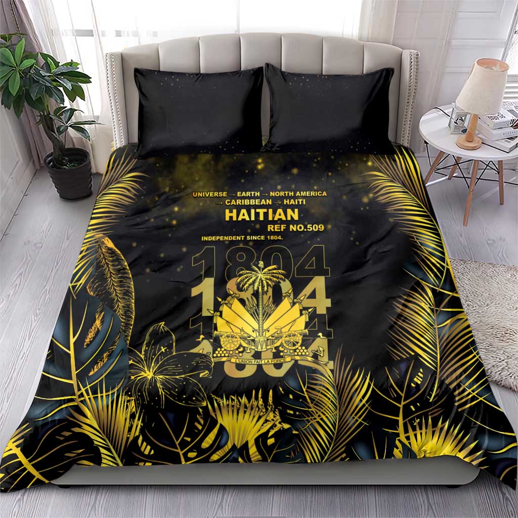Haiti 1804 Bedding Set Gold Tropical Leaves And Coat Of Arms - African Pride