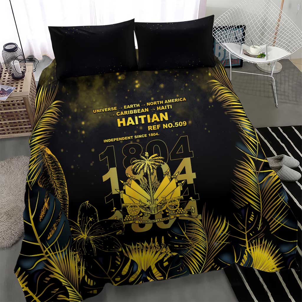 Haiti 1804 Bedding Set Gold Tropical Leaves And Coat Of Arms - African Pride