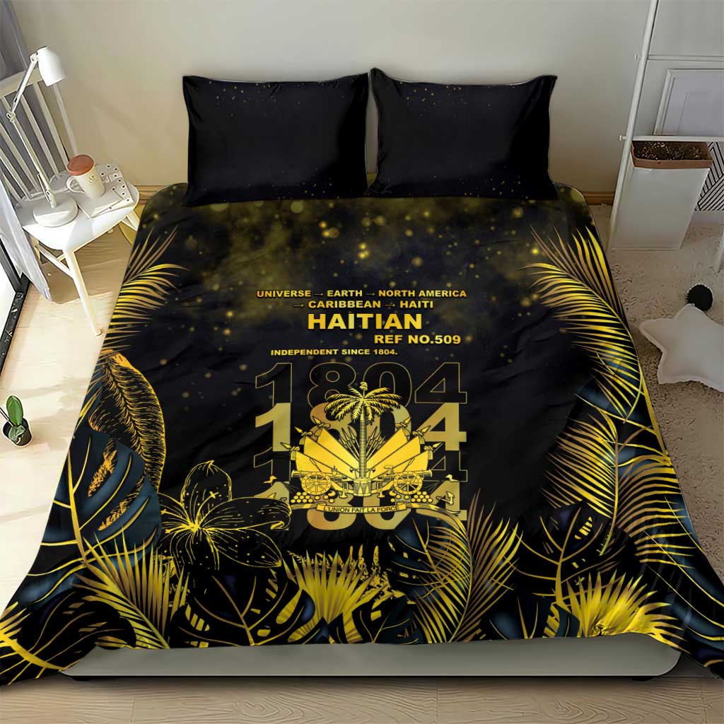 Haiti 1804 Bedding Set Gold Tropical Leaves And Coat Of Arms - African Pride