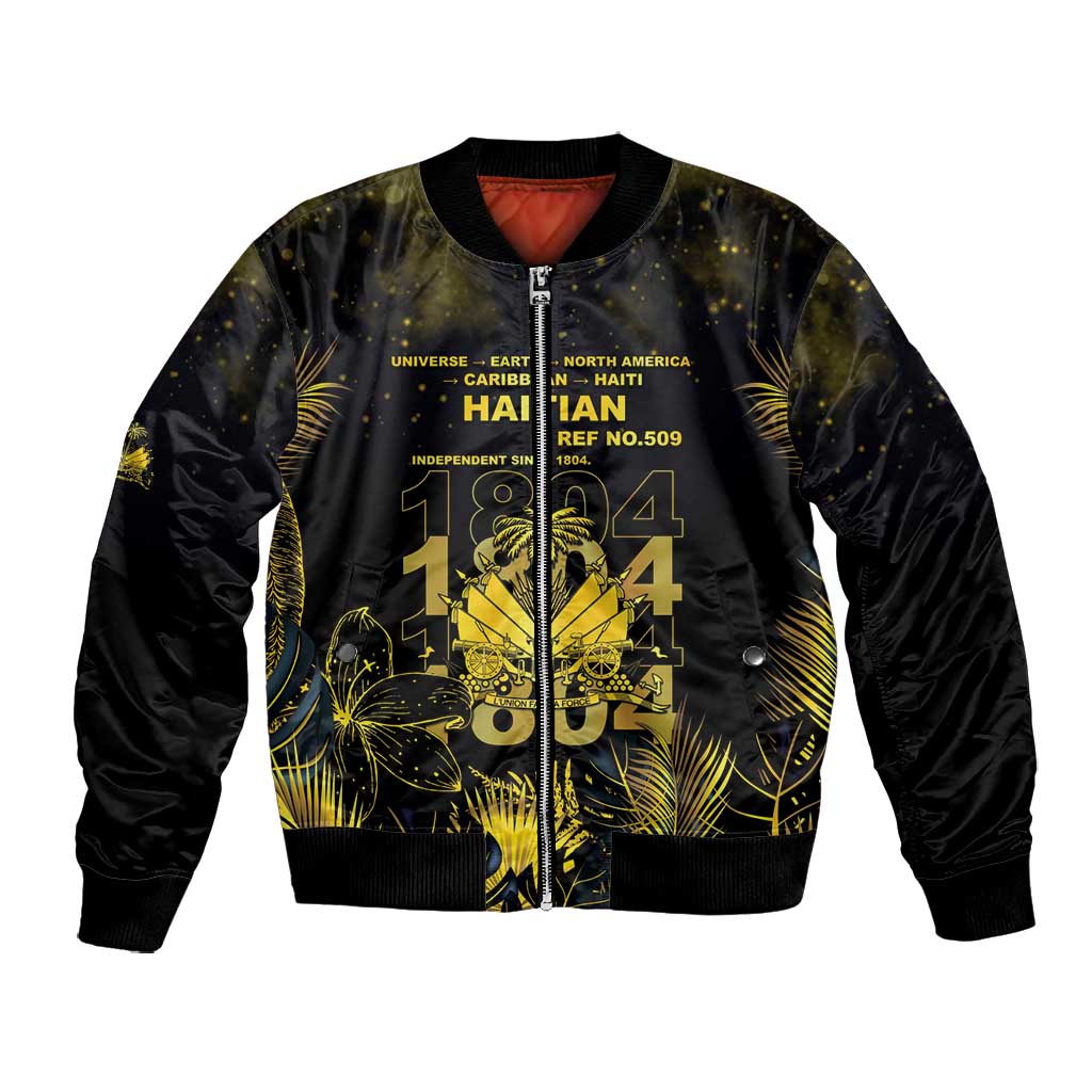Haiti 1804 Bomber Jacket Gold Tropical Leaves And Coat Of Arms - African Pride
