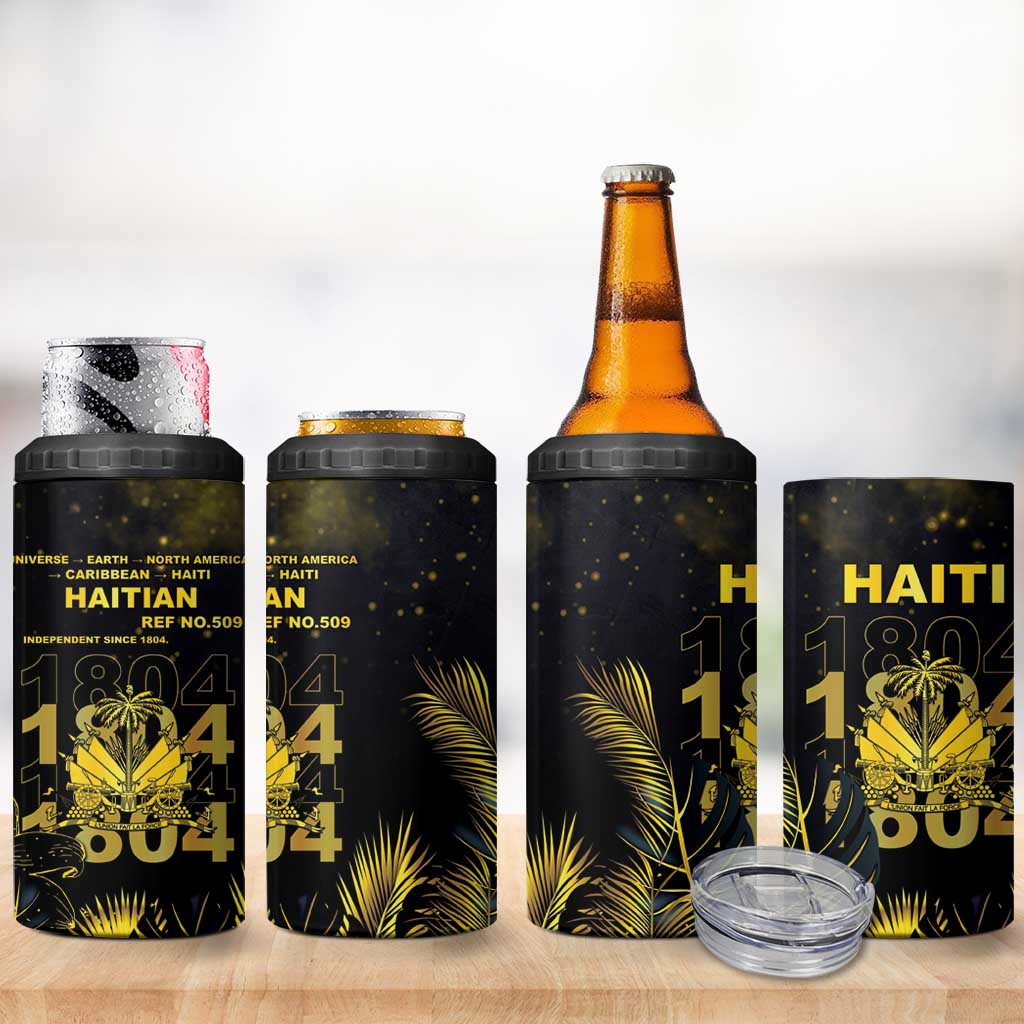 Haiti 1804 4 in 1 Can Cooler Tumbler Gold Tropical Leaves And Coat Of Arms - African Pride