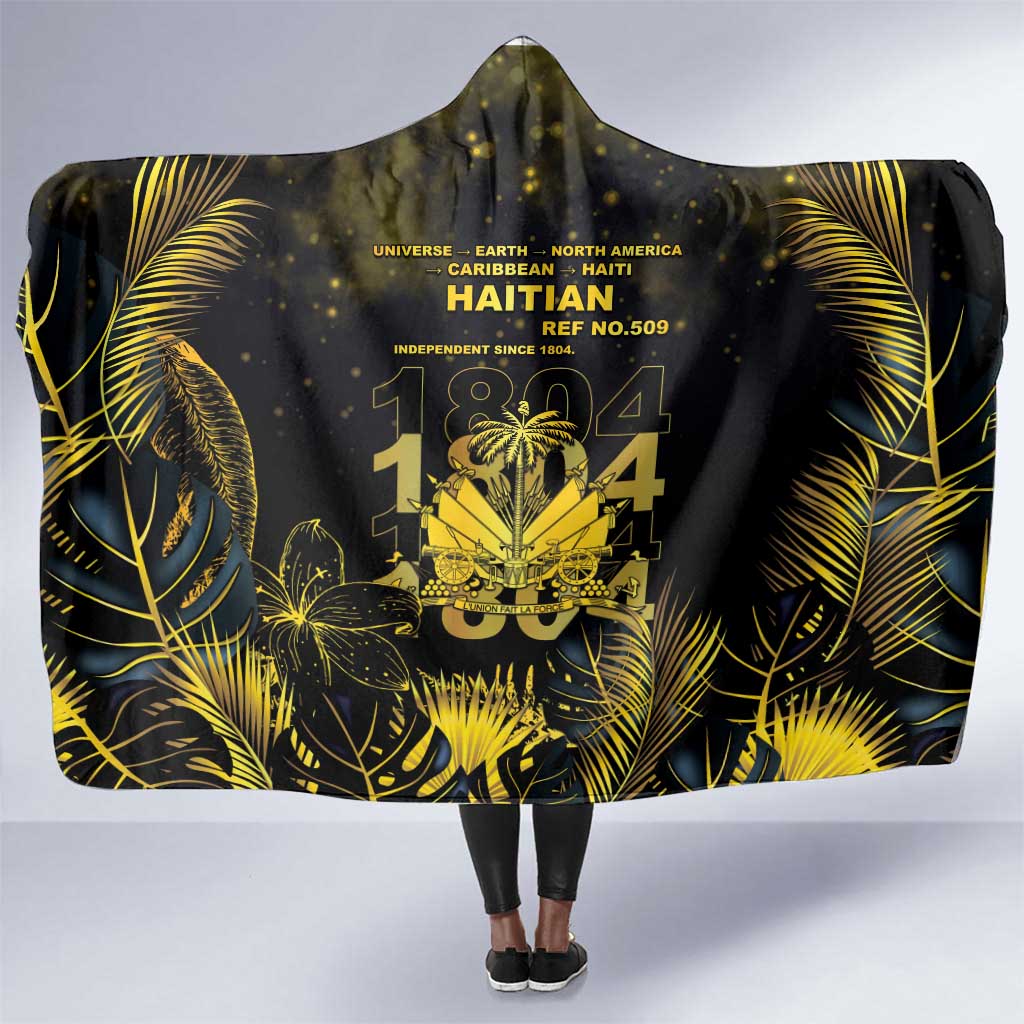 Haiti 1804 Hooded Blanket Gold Tropical Leaves And Coat Of Arms - African Pride