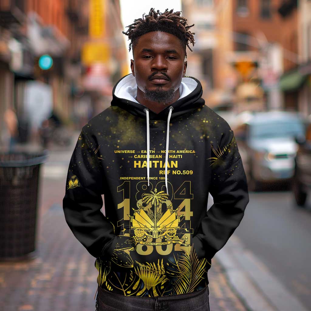Haiti 1804 Hoodie Gold Tropical Leaves And Coat Of Arms - African Pride