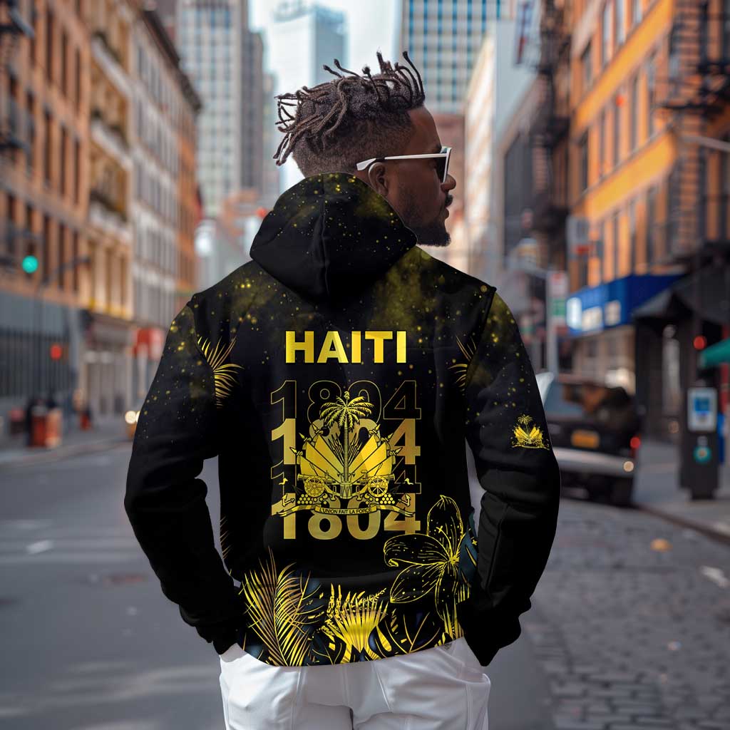 Haiti 1804 Hoodie Gold Tropical Leaves And Coat Of Arms - African Pride